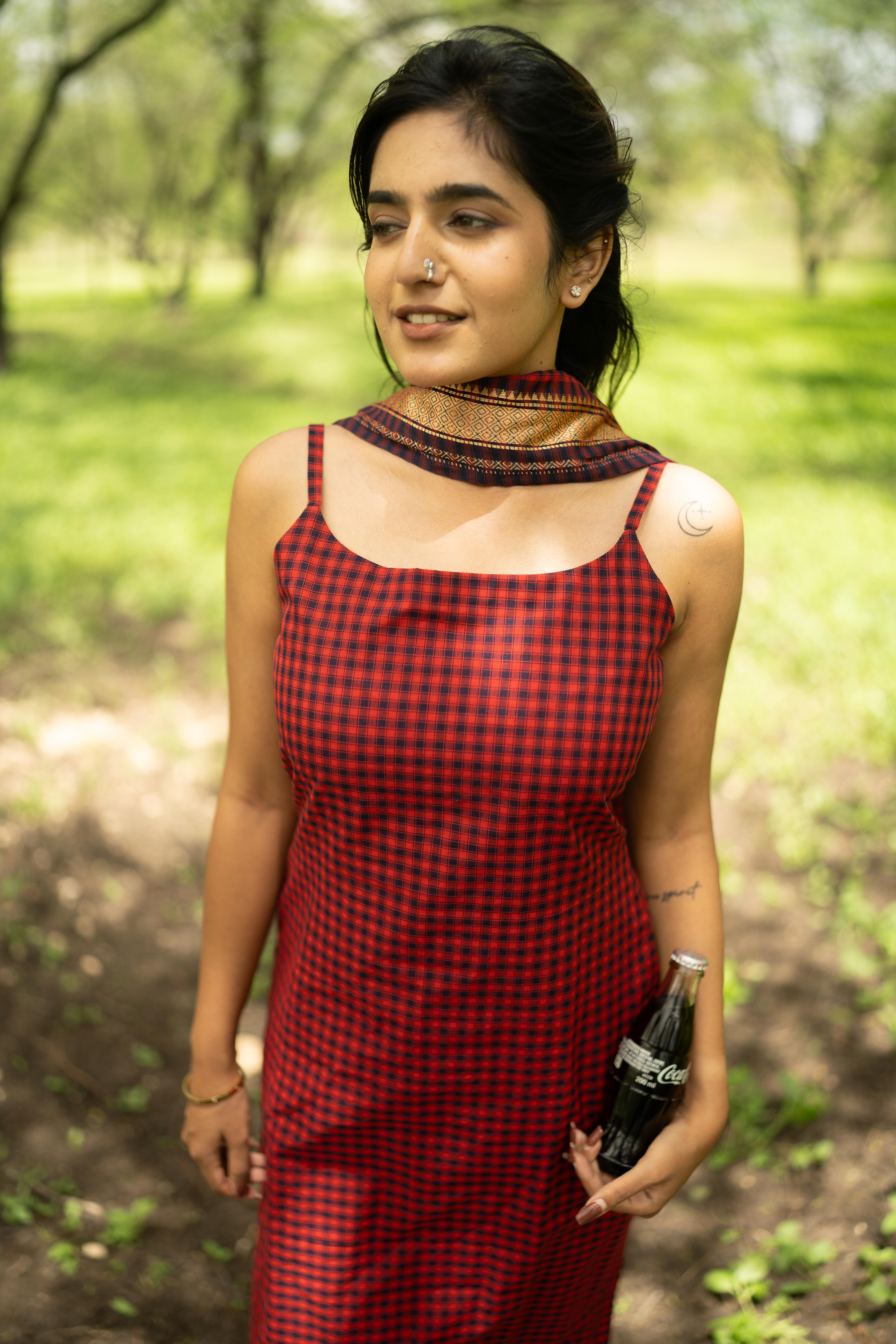 Red with Navy blue Top & Dupatta